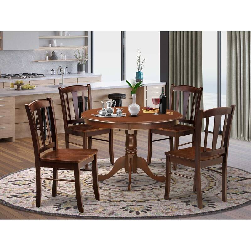HomeStock 5-Piece Mahogany Finish Solid Wood Top Dining table with 4 Chairs with Slat Back