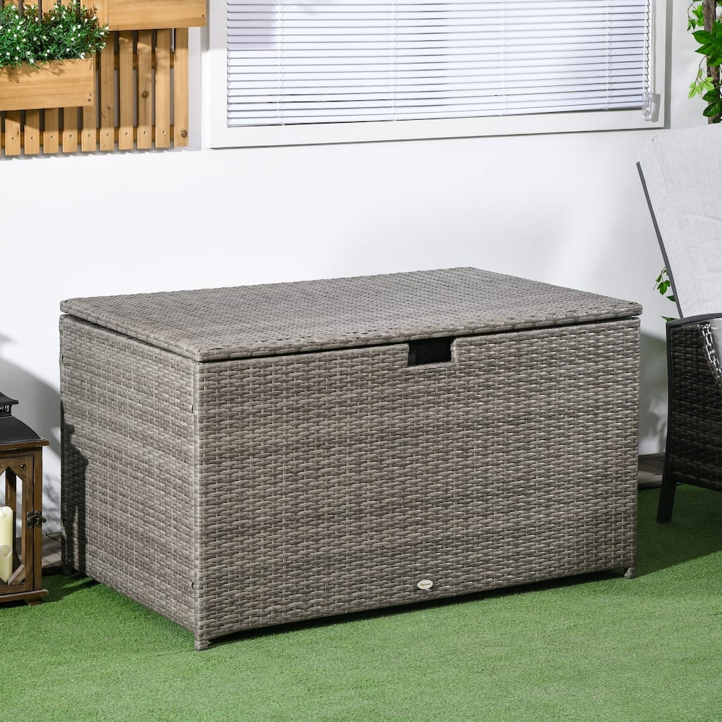 ​​Rustic Hand Woven Wicker Storage Trunk with Waterproof Liner and Hydraulic Lid for Outdoor Pool and Garden