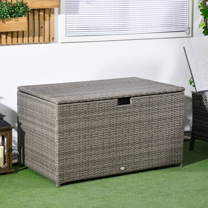 113 Gallon Deck Box Rattan Outdoor Waterproof Storage Box with Front Groove Handle and Hydraulic Gas Spring-Assisted Lift