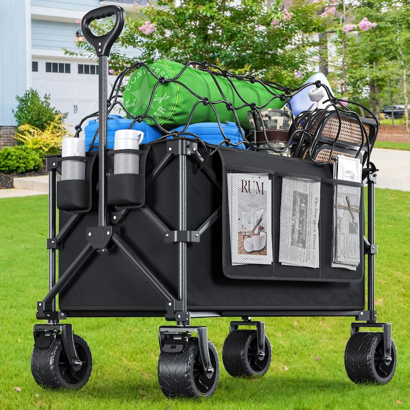 Collapsible Foldable Beach Wagon Cart Utility Cart with All Terrain Wheels - 33.5" - Black