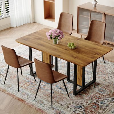 5 Piece Dining Table Set, 67" Wood Rectangular Table with 4 Brown Suede Chairs 4 Seater Dining Set for Kitchen Dining Room
