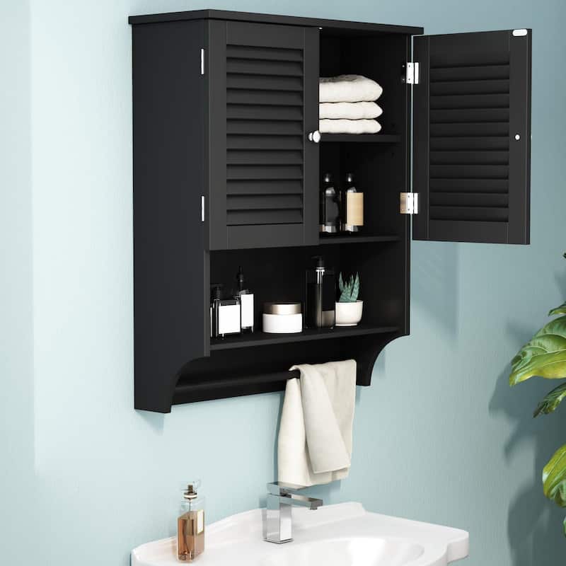 Wall-Mounted Bathroom Cabinet with Louvered Doors, Open Shelf, Adjustable Shelves & Towel Bar,White - Black