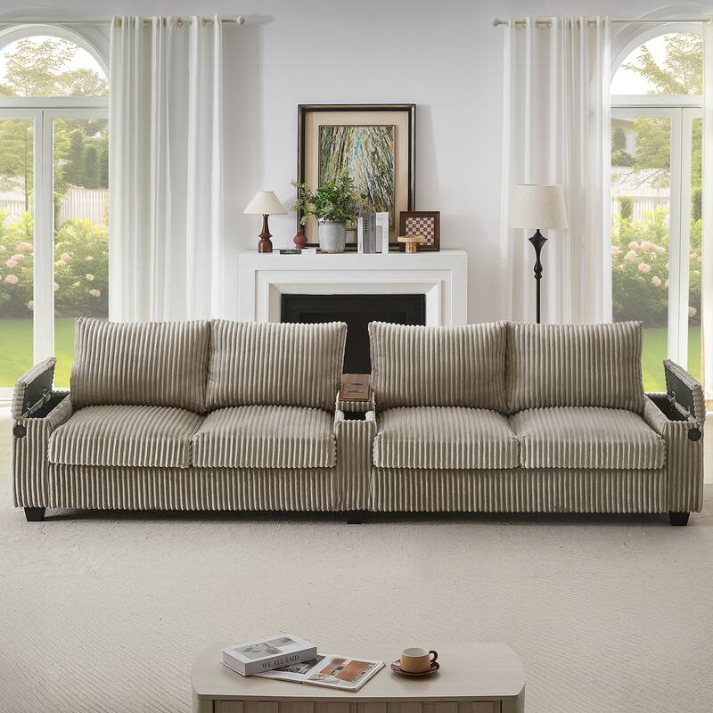 133" Corduroy Sectional Sofa with USB & Flip-Top Storage