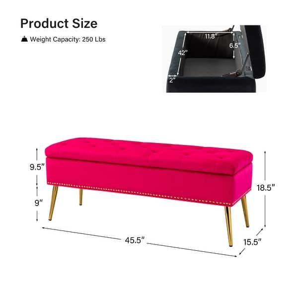 dimension image slide 13 of 19, HULALA HOME Neptunus Modern 45.5" W Velvet Bedroom Storage Bench for End of Bed with Nailhead Trim