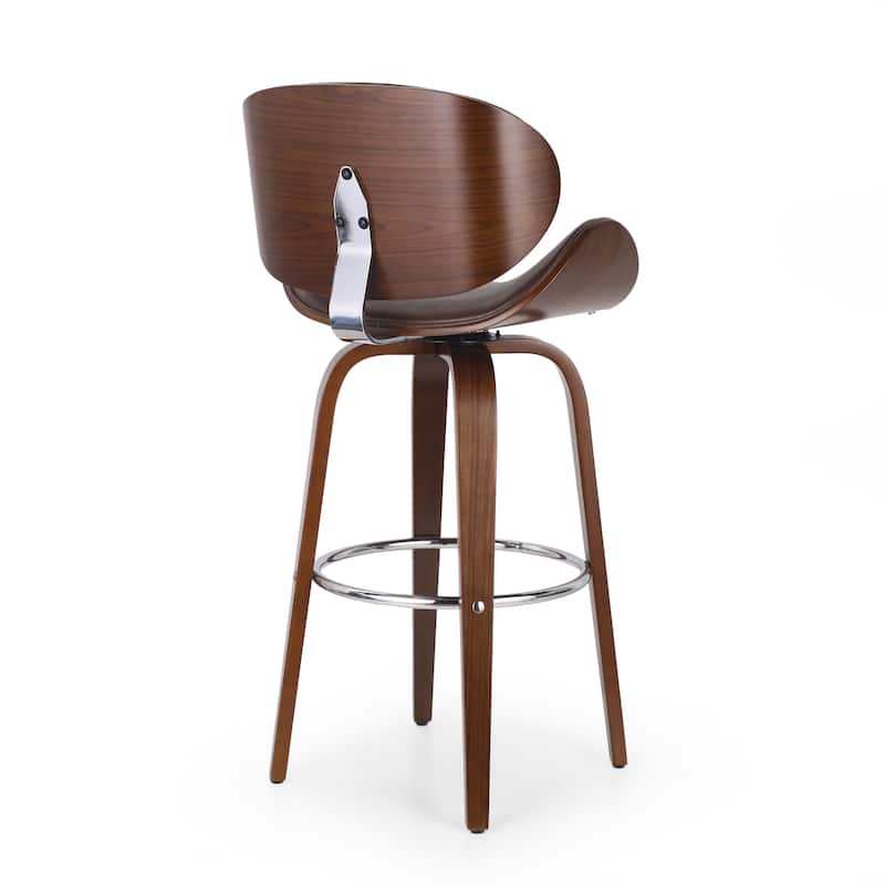 Roomfitters Mid-Century Modern Bentwood Bar Stool with Swivel Faux Leather Seat and Chrome Footrest, Brown