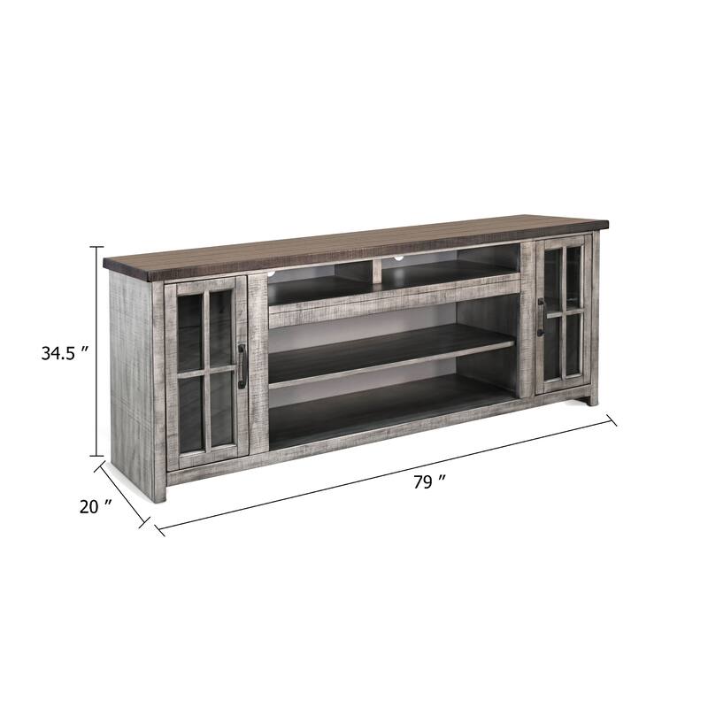 Gery TV Console w Crystal Fireplace Insert Option, 76 Inch, 2 Cabinets, Gray Brown Mahogany