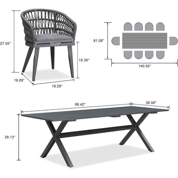 dimension image slide 3 of 4, PURPLE LEAF Outdoor PE Rattan Outdoor Patio Furniture Dining Set with All Aluminum Frame