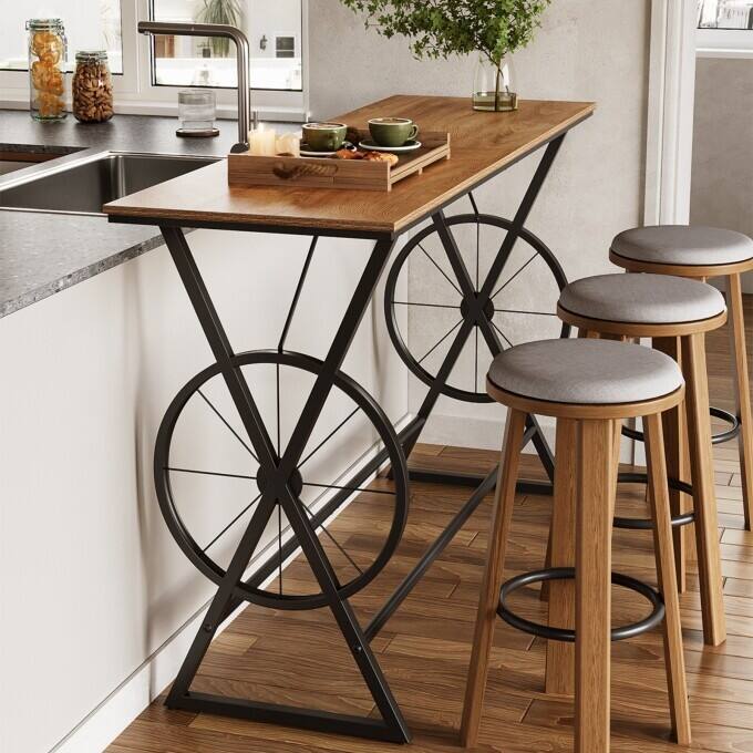 63" Counter Height Bar Table with Wheel-Design, High Pub Dining Table