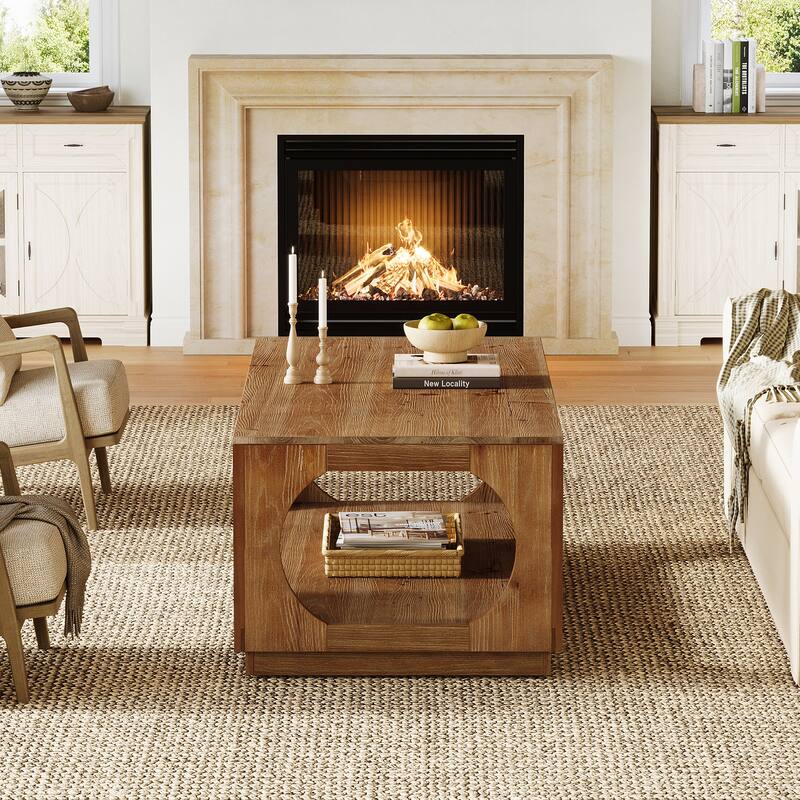 Rectangular Solid Wood Coffee Table with Storage for Living Room