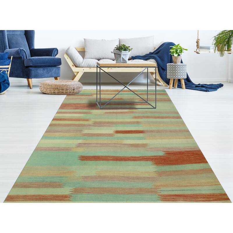 Sun Faded Flatweave Jaan Blue/Rust Rug - 6'5" x 9'8"