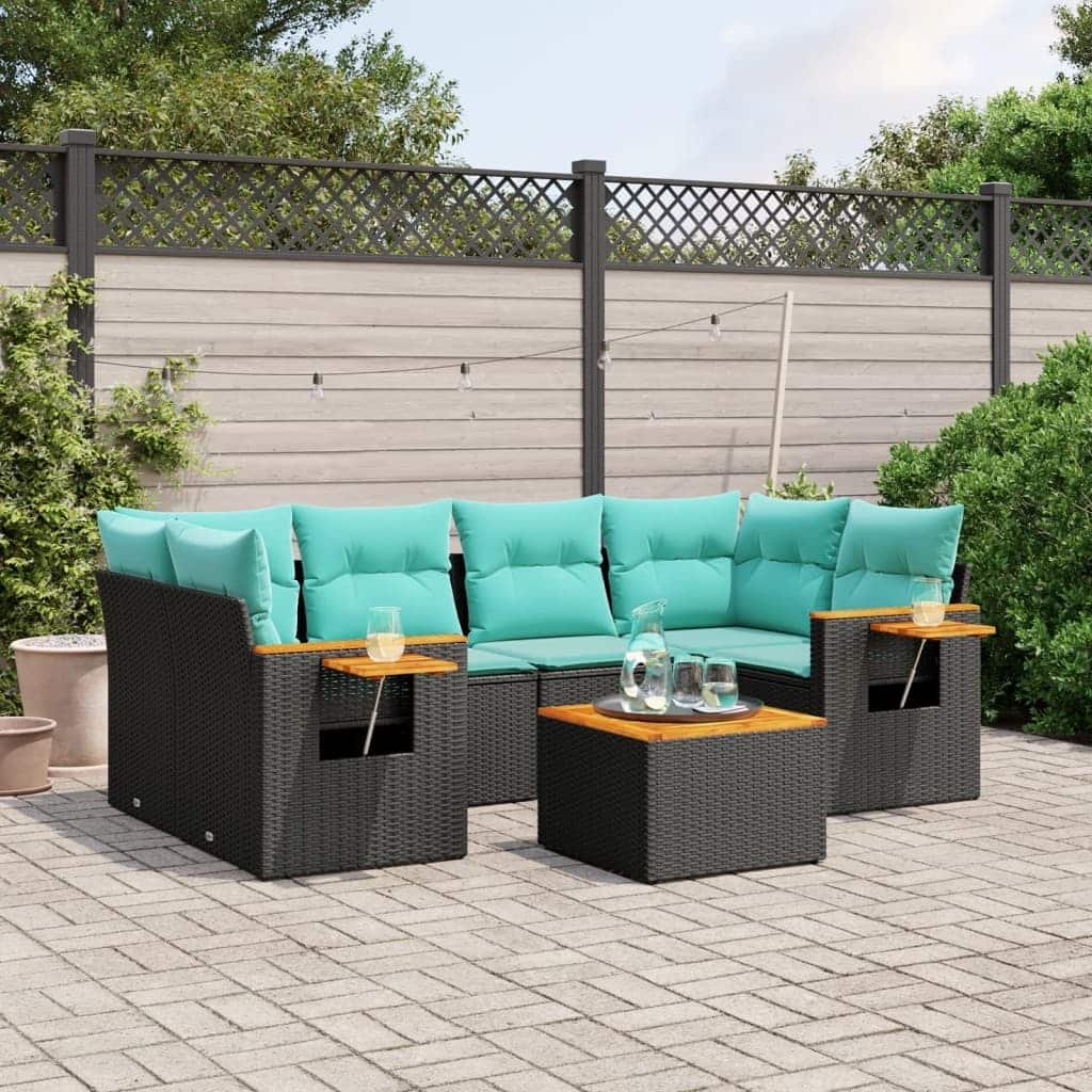 vidaXL 7 Piece Patio Sofa Set with Cushions Black Poly Rattan - 24.4 x 24.4 x 27.2