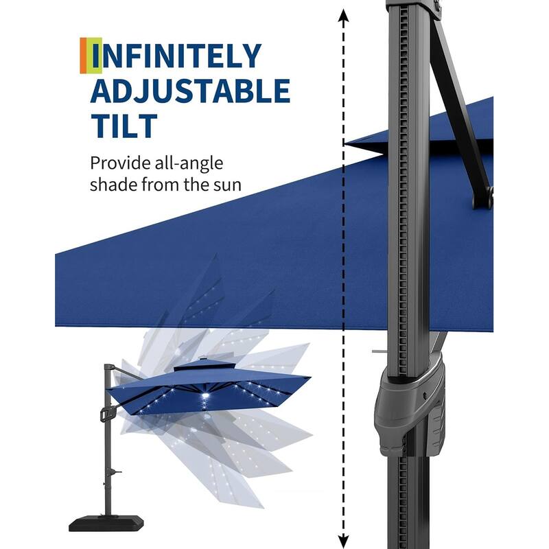 10x10Ft Square Solar LED Cantilever Umbrella , with Weighted Base