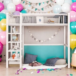 Modern Twin Size Loft Bed with 4-Tier Shelves and Storage and 4-step Ladder for Bedroom