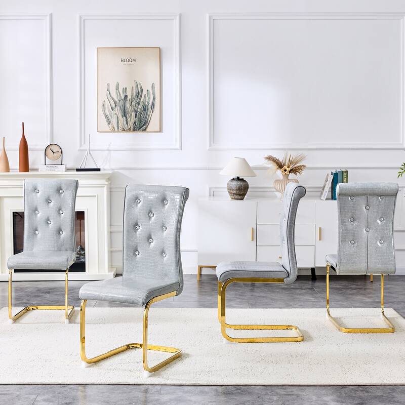 Set of 2, Retro Faux Alligator Skin Upholstered Dining Chairs, with Crystal Buckle Design and Faux Leather Design