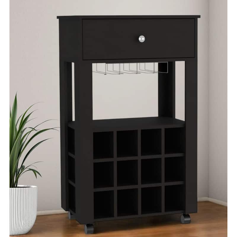 HomeRoots Black Rolling Bar Cart With Wine Storage - 23.62 in. x 39.37 in. x 13.98 in. - Black - Wood