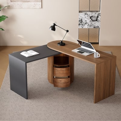 59" Modern L Shaped Desk in Walnut with 2 Drawers and Open storage,360° Wood Rotating Desk,Executive Office Desk,Corner Desk
