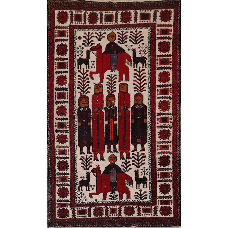 Hunting Design Balouch Foyer Rug Hand-Knotted Wool Carpet - 3'6" x 6'0"