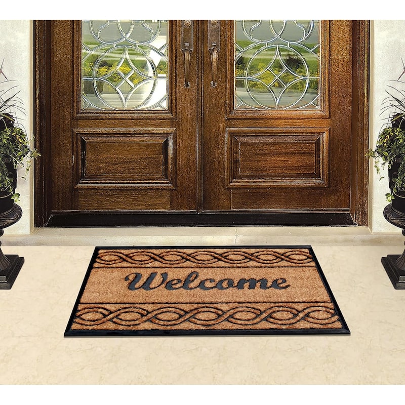A1HC Rubber and Coir Beautifully Design Welcome Durable Doormat 24"X39", Beige Black Welcome Wave