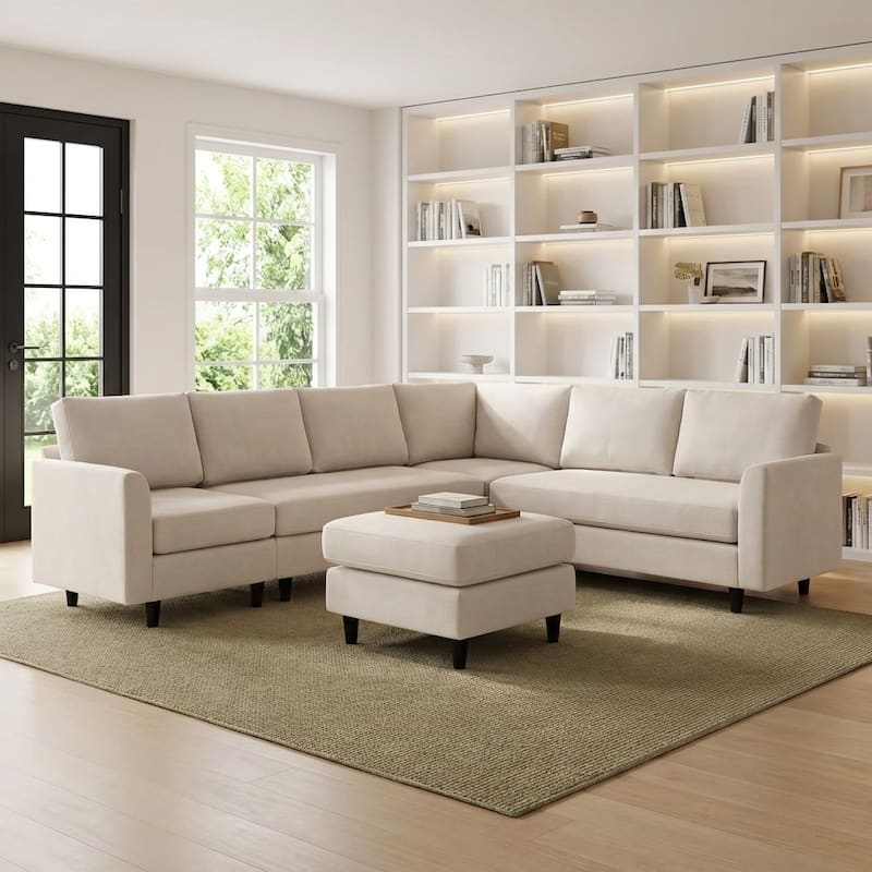 Modern U-Shaped Chenille Modular Sectional Sofa with Ottoman, Overized Corner Couch for Living Room - 107" W - Beige