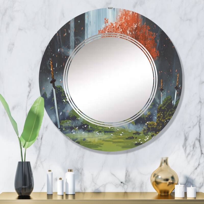 Designart 'Samurai Standing In Waterfall Garden With Swords' Printed Traditional Wall Mirror - 32in.x32in.