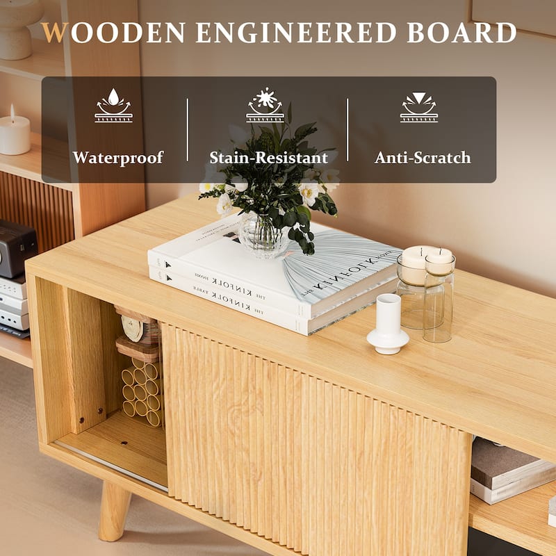 Entertainment Center Wood TV Stand with Fluted Sliding Doors
