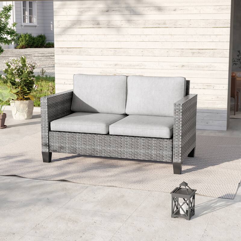 Livoosun Patio Loveseat Sofa Outdoor Wicker Couch, 2-Seater Furniture with High Back and Removable Cushions
