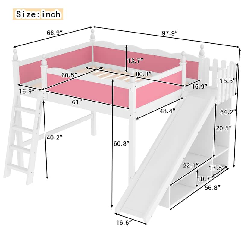 Modern High Loft Beds with Full Length Guardrails, Solid Wood Storage Loft Bed Frame with Detachable Slide and Ladders