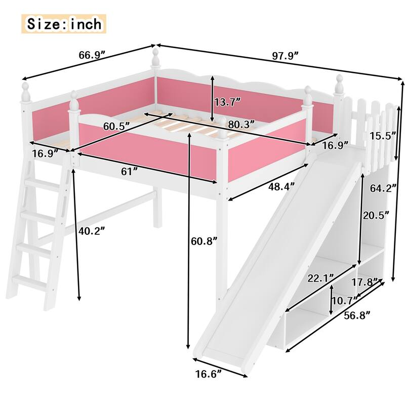 Queen Loft Bed with Storage Shelves and Cabinet, Solid Wood Loft Beds with Detachable Slide and Ladders, No Spring Box Needed