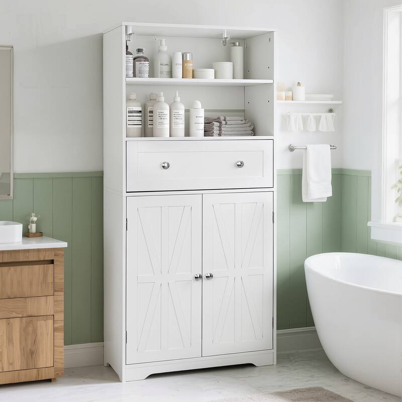 Javlergo White Adjustable Shelf Bathroom Cabinet with Drawer Tall Free Standing Bathroom Cabinet for Organization Living Room - White