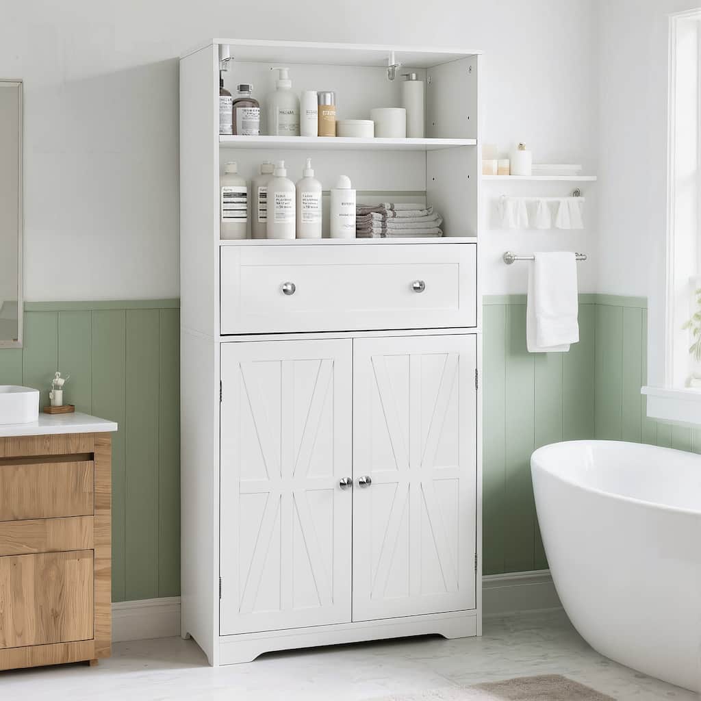 Javlergo White Adjustable Shelf Bathroom Cabinet with Drawer Tall Free Standing Bathroom Cabinet for Organization Living Room