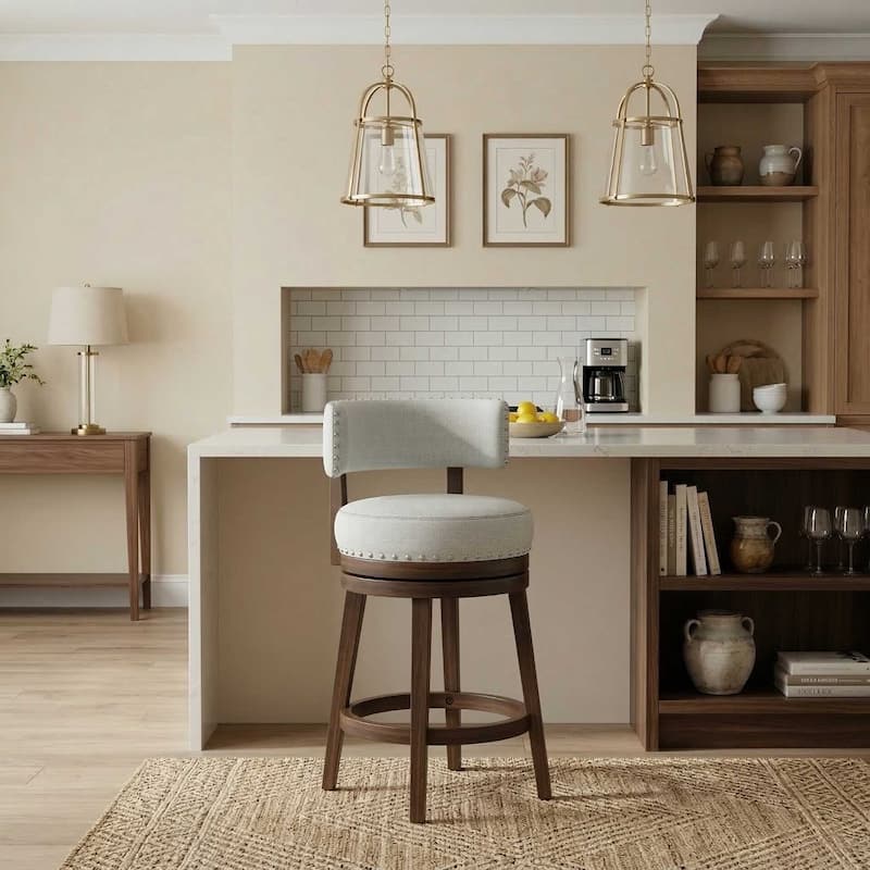 360-Degree Swivel Counter Height Bar Stool with Backrest Rubberwood Frame - Beige