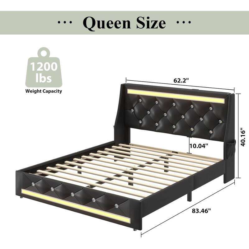 Queen Bed Frame with LED Lights, Upholstered Bed Frame with Charging Station, Platform Bed with Diamond Headboard, Wooden Slats
