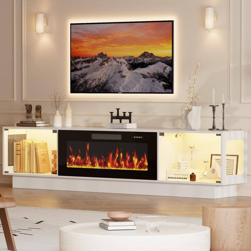 BOSSIN 80" Fireplace TV Stand with Adjustable LED Lights, Modern Entertainment Center with Glass Door Storage Cabinet, Black