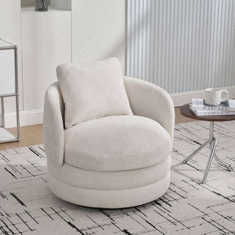 Round Swivel Barrel Chair with Pillow, Comfy Chenille Upholstered Reading Armchair, Ergonomic Single Club Sofa Chair - Beige