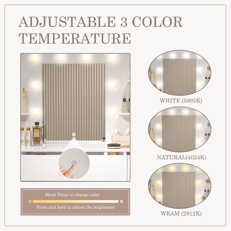 Rossetta Adjustable-Brightness Large LED Mirror Dressing Table with 3 Drawers, Plus Built-in Outlet & Hair Dryer Holder