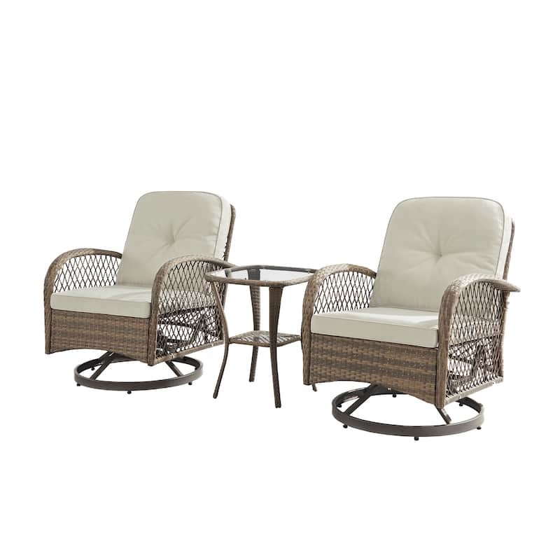 Corvus Helicon 3-Piece Outdoor Wicker Swivel Chat Set with Cushions and Glass Side Table - White Cushion