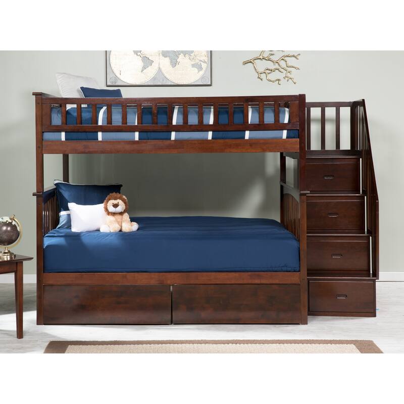 AFI Columbia Full over Full Size Staircase Bunk Bed with Bed Drawers & Charging Station in Walnut