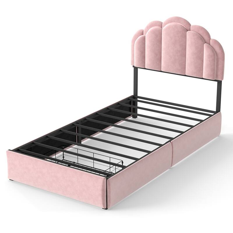 Velvet Upholstered Platform Bed with RGB LED Petal Headboard, Under Bed Storage Drawers Princess Bed Frame