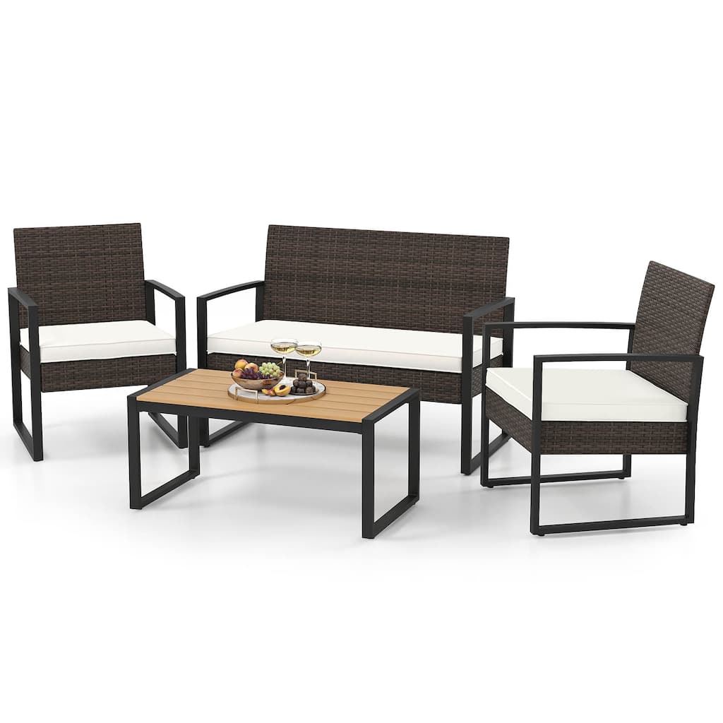 Gymax 4 Pieces Patio Furniture Set PE Rattan Porch Chairs w/ Loveseat