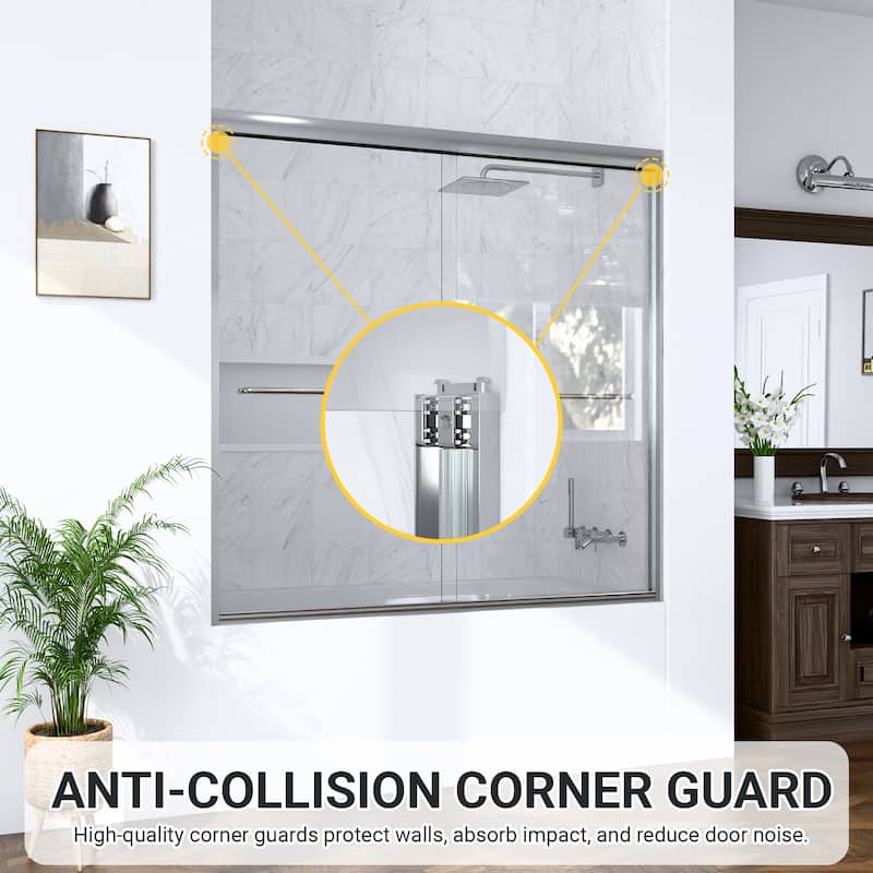 GDFStudio - Modern Minimalist Semi-Frameless Double Sliding Shower Door with 1/4" SGCC Tempered Glass & Stainless Steel Handle
