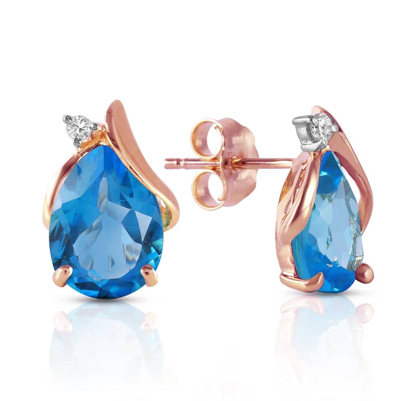 5.06 Carat 14K Solid Gold Stud Gemstone Earrings Diamond Blue Topaz - Rose