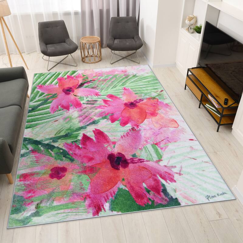 Pink Green Floral I, Hand Washable Flowers Art Area Rug, power-loomed, 100% polyester, 2mm pile, non-slipping back - 7.5' x 10.3'