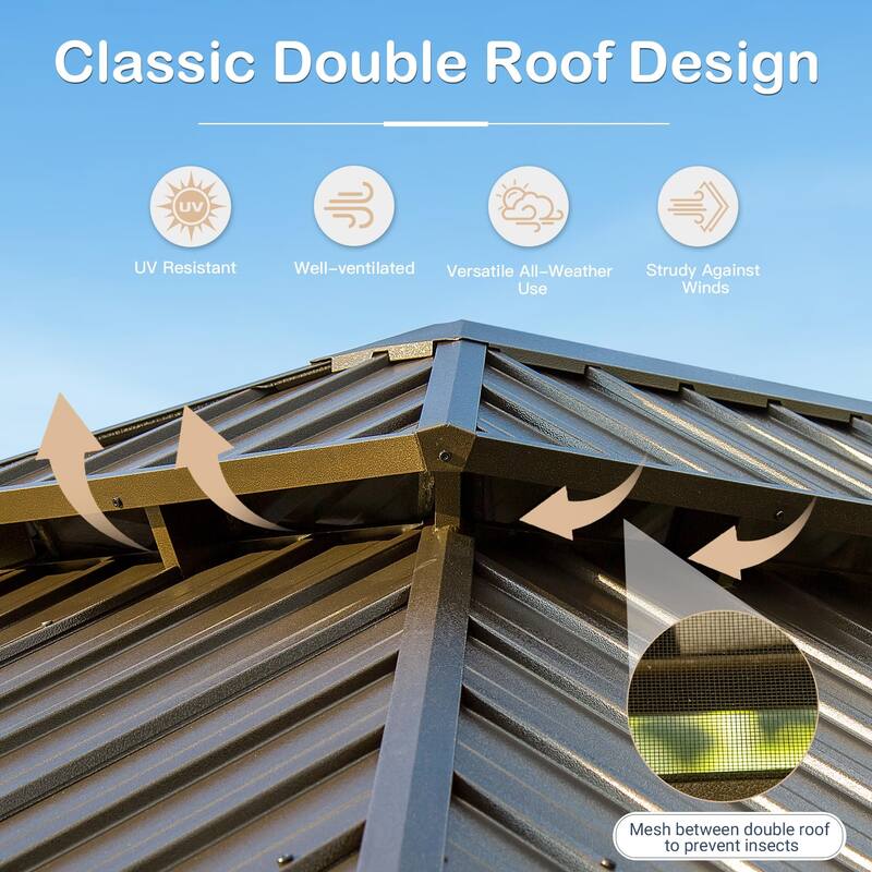 10'x14' Hardtop Wood Grain Gazebo with Galvanized Steel Roof, Aluminum Frame & Netting for Patio