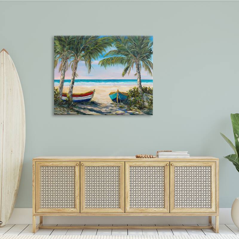 Stupell Row Boats on Beach Shore Tropical Palm Trees Canvas Wall Art - Green