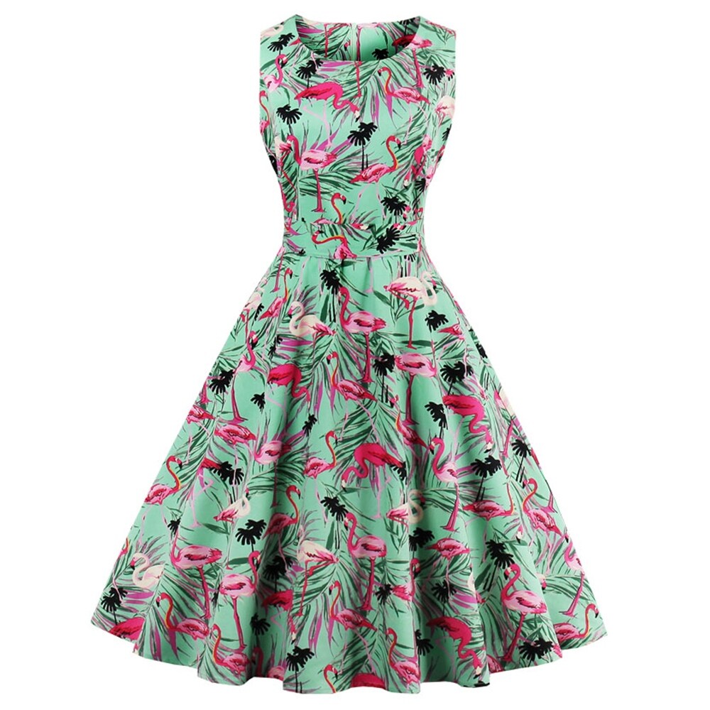 Shop Woman Vintage Summer Dress Round Neck Sleeveless Ethnic Print