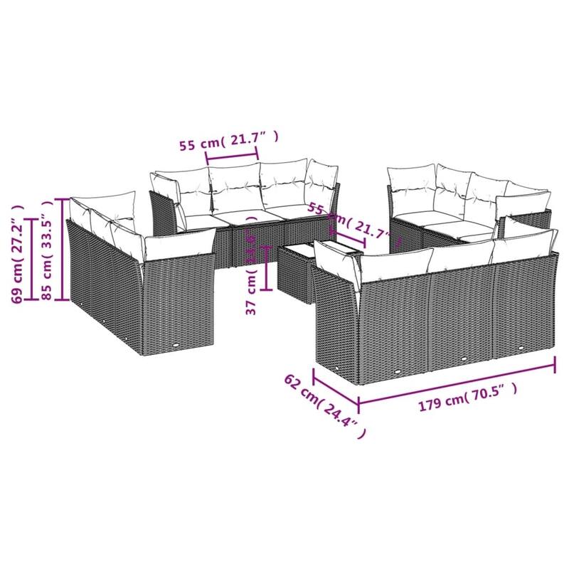 vidaXL 12 Piece Patio Sofa Set with Cushions Black/Brown/Gray Poly Rattan - 24.4 x 24.4 x 27.2