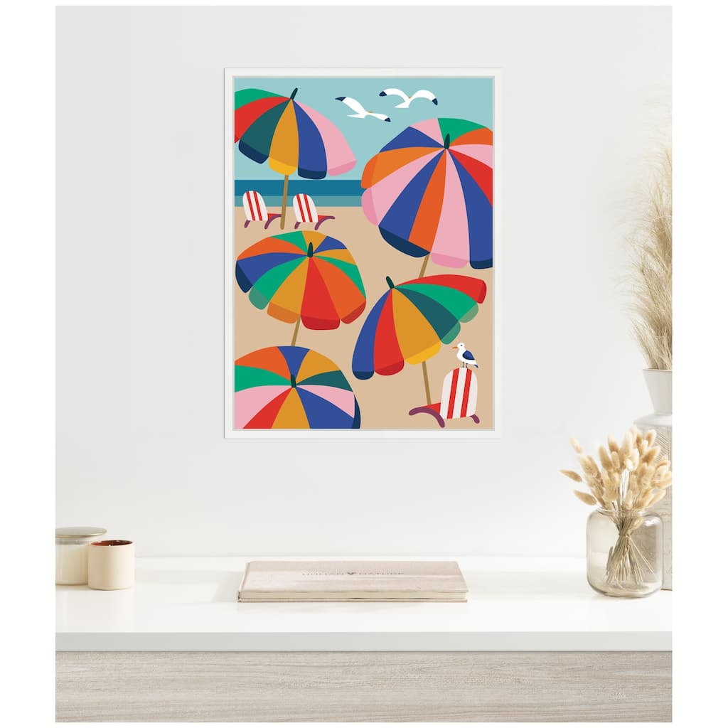 Kate and Laurel Coastal Beach Umbrellas by Rachel Lee Framed Canvas Wall Art Print