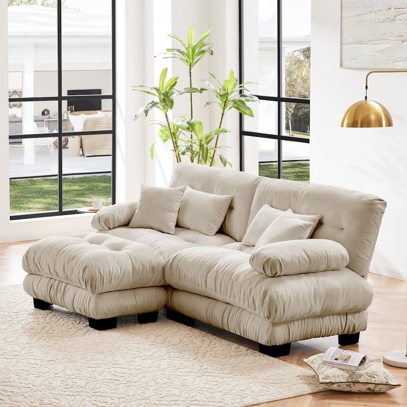 Chenille Cloud Couch Sectional Sofa with 2 Lumbar Pillows and 2 Throw Pillows and 1 Ottoman - Light Coffee