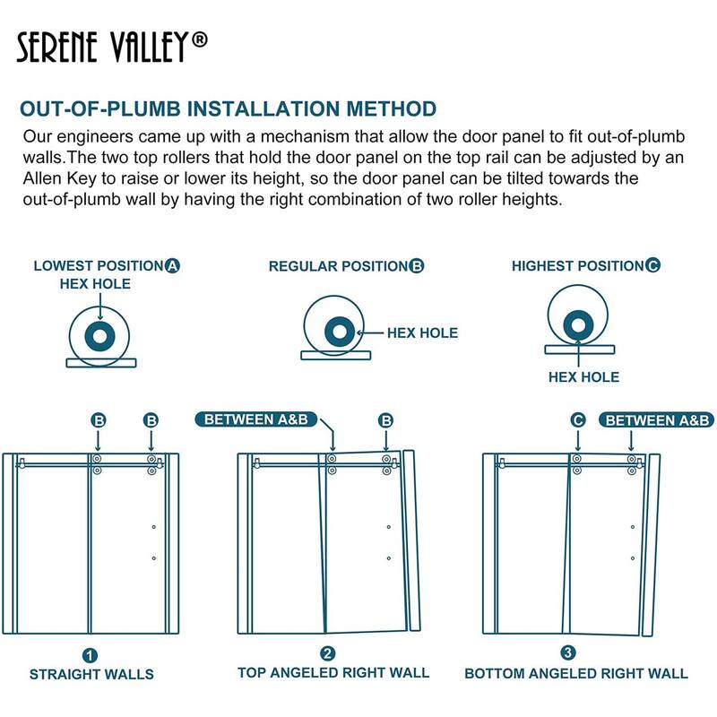 Serene Valley 56 x 74 Inch Big Roller Frameless Sliding Shower Door, Matte Black - 147