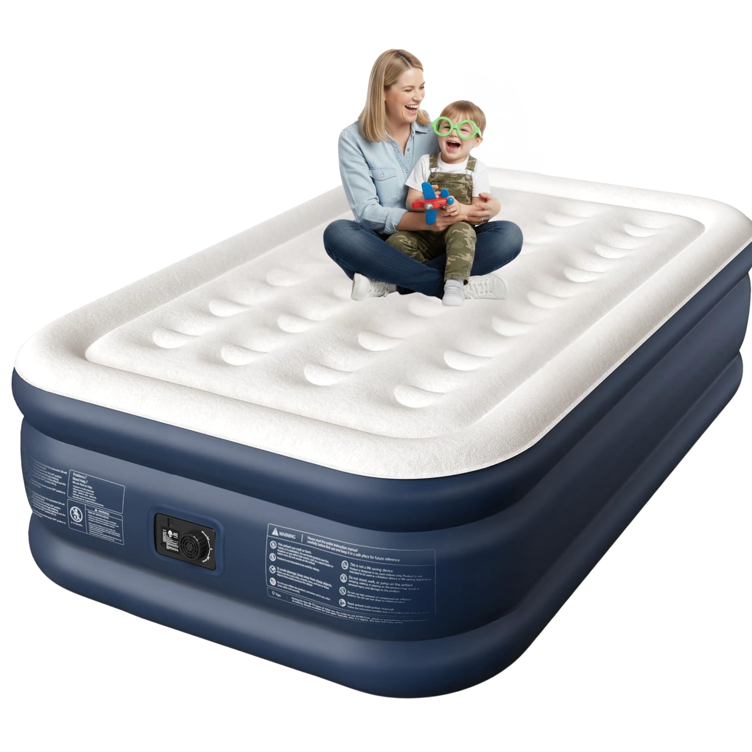 18" Full Air Mattress with Built-in Pump 600lb Capacity Fast Inflation Honeycomb Support Blue